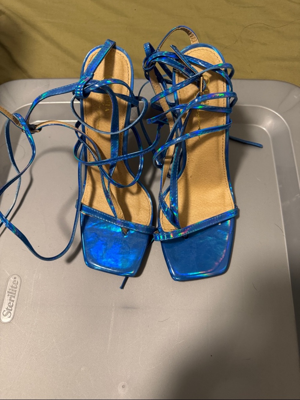 Iridescent Blue Lace-Up Women's Heeled Sandals - Picture 2 of 4